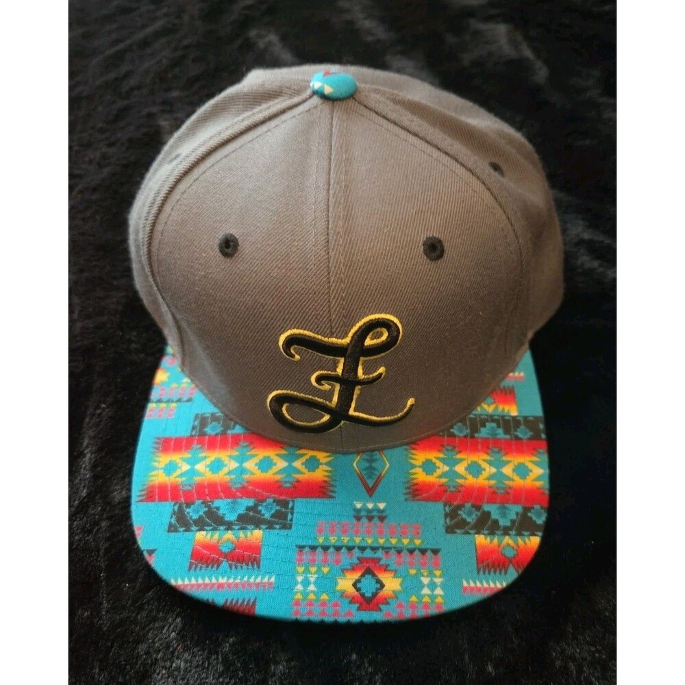 Fully Laced Snapback Hat Grey Gold Script L Turquoise Aztec Southwestern NWOT